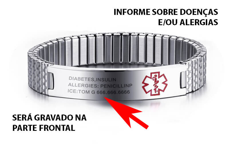 Pulseira Masculina de Inox Personalizada Com Alerta Médico