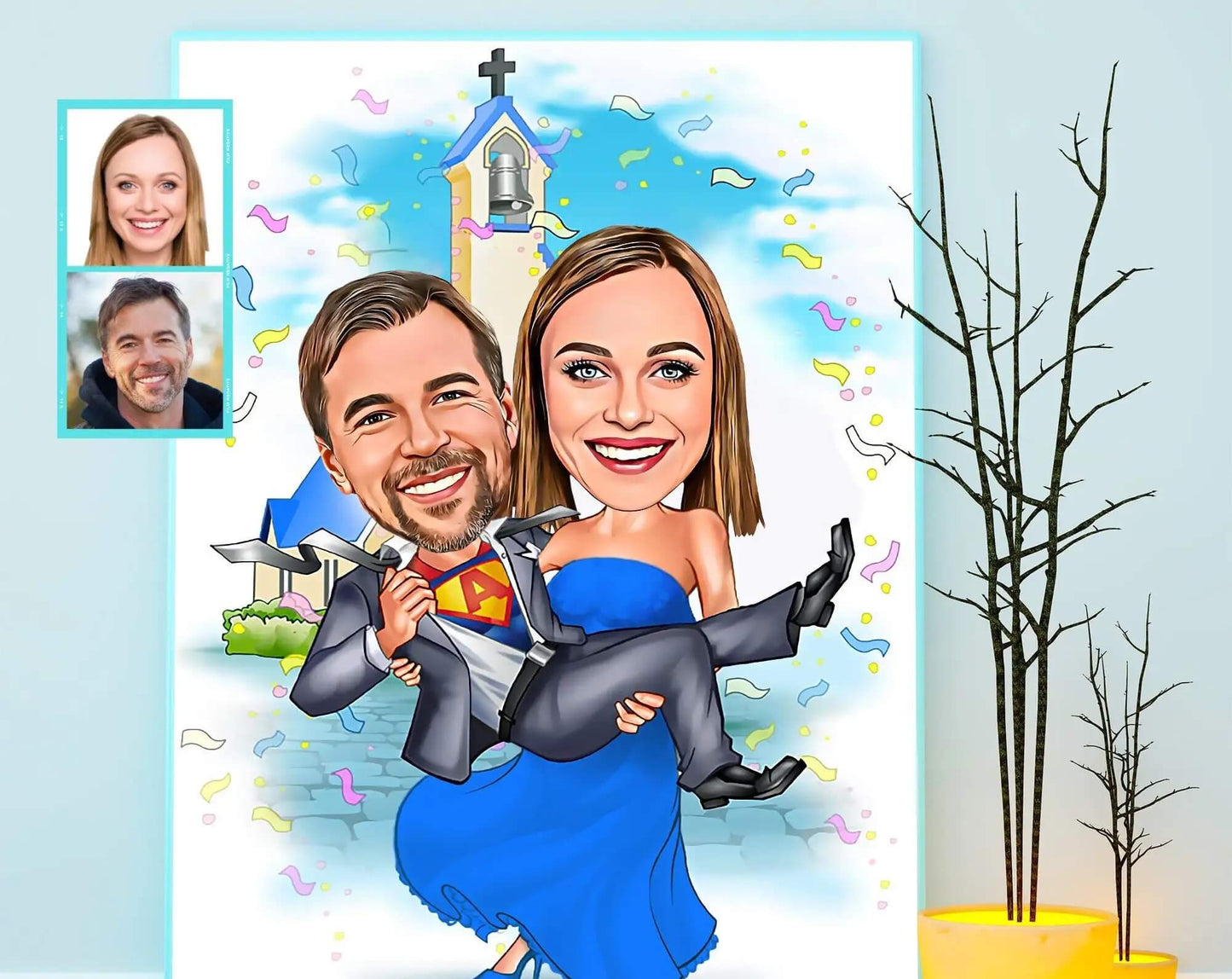 Caricatura Personalizada do Casal Impressa em Tecido Canvas Para Quadros