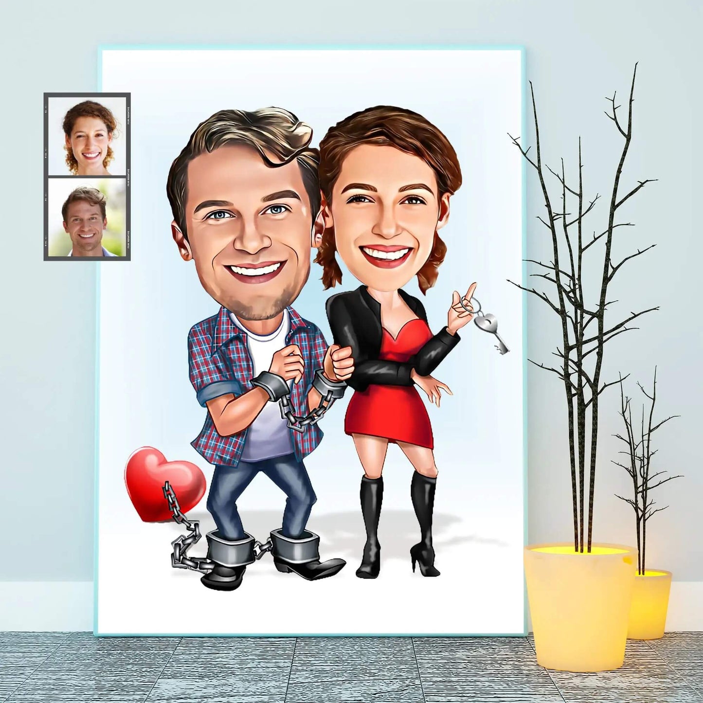 Caricatura Personalizada do Casal Impressa em Tecido Canvas Para Quadros