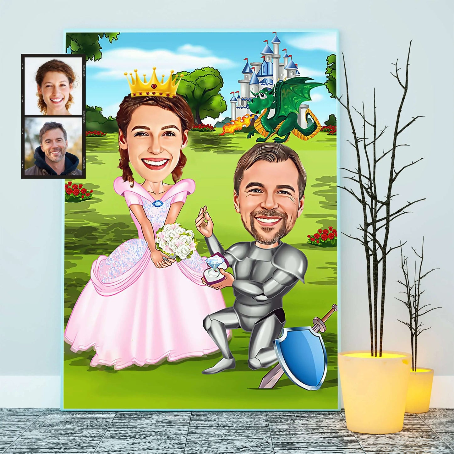 Caricatura Personalizada do Casal Impressa em Tecido Canvas Para Quadros