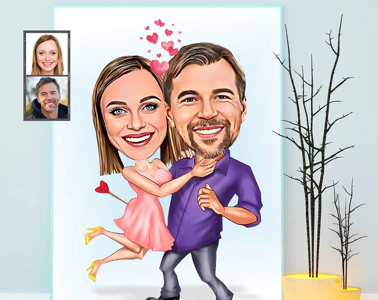 Caricatura Personalizada do Casal Impressa em Tecido Canvas Para Quadros