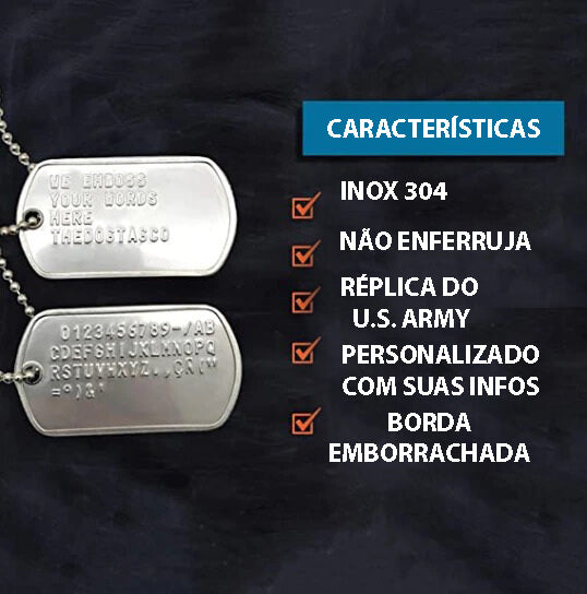 Colar Dog Tag de Inox Personalizado Com Seu Texto Em Alto Relevo