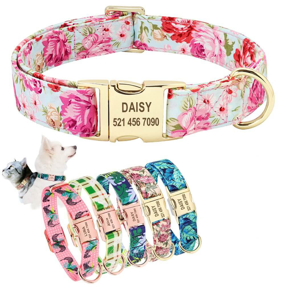 Coleira Estampada Para Cães e Gatos - Personalizada Com Nome e Telefone