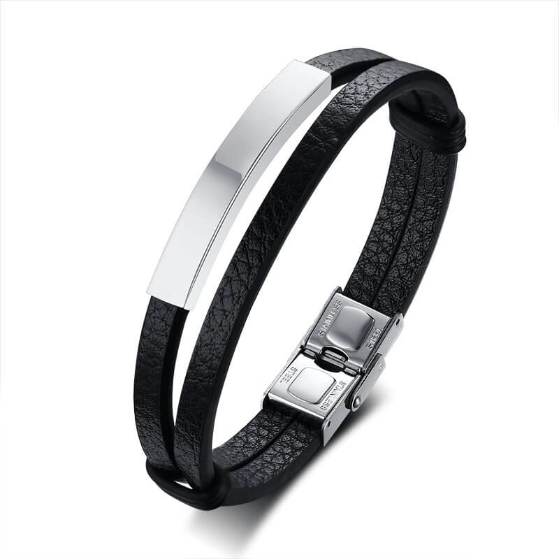 Pulseira Masculina de Couro Com Inox Personalizada Com Seu Nome