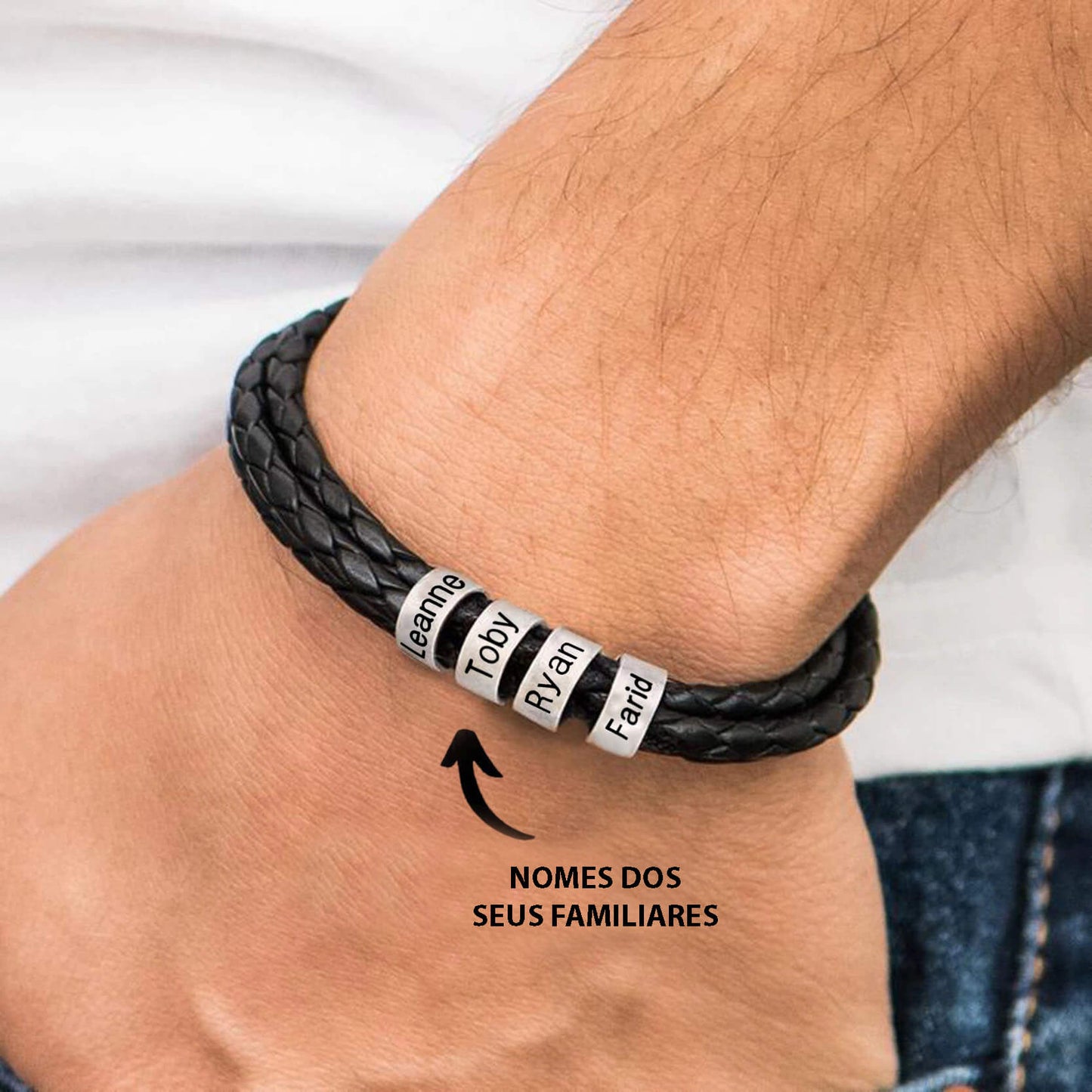 Pulseira Masculina de Couro Personalizada Com Nome dos Familiares - 3 Voltas