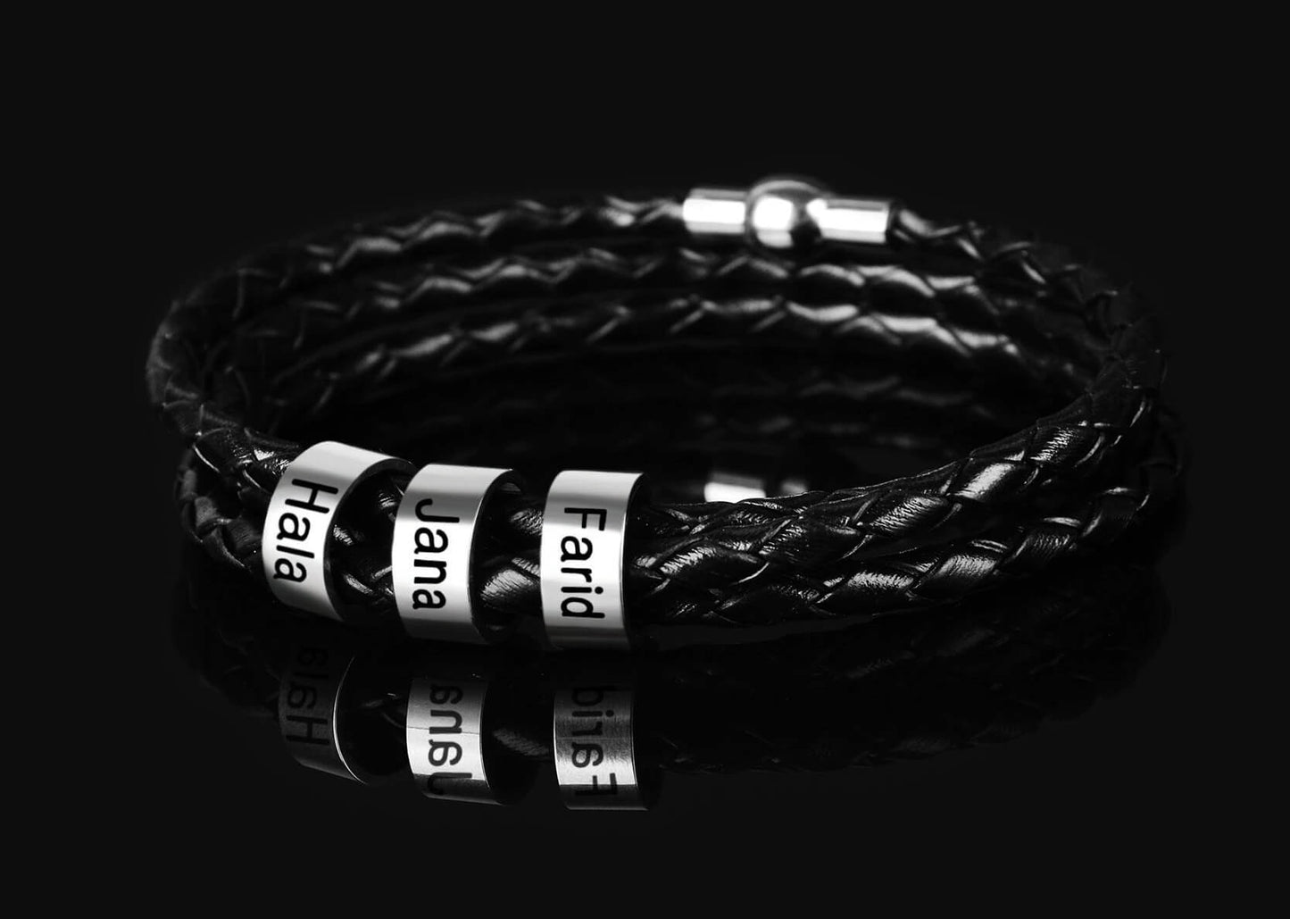 Pulseira Masculina de Couro Personalizada Com Nome dos Familiares - 3 Voltas