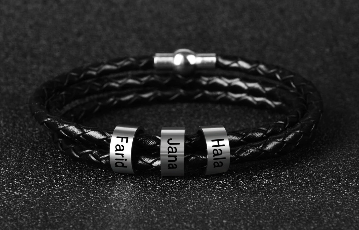 Pulseira Masculina de Couro Personalizada Com Nome dos Familiares - 3 Voltas