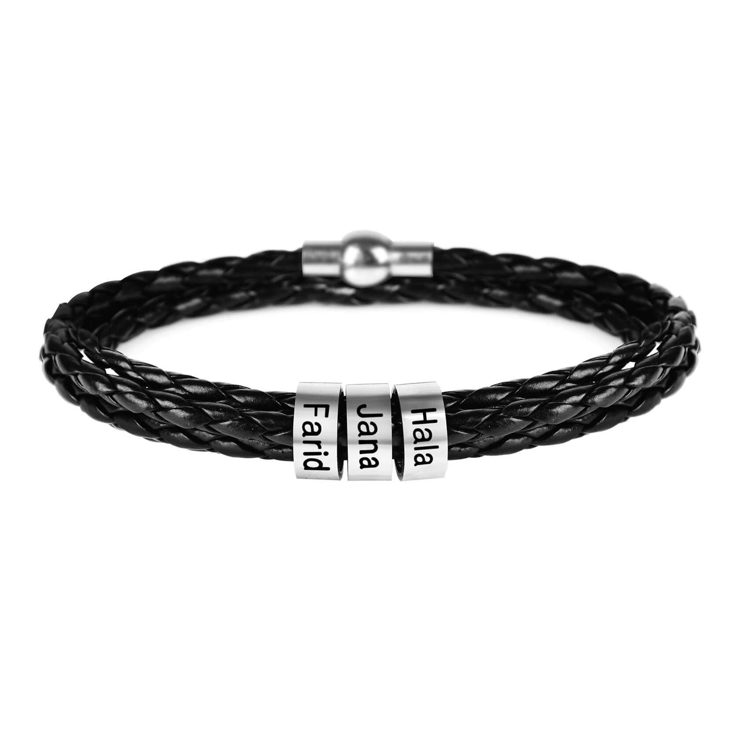 Pulseira Masculina de Couro Personalizada Com Nome dos Familiares - 3 Voltas