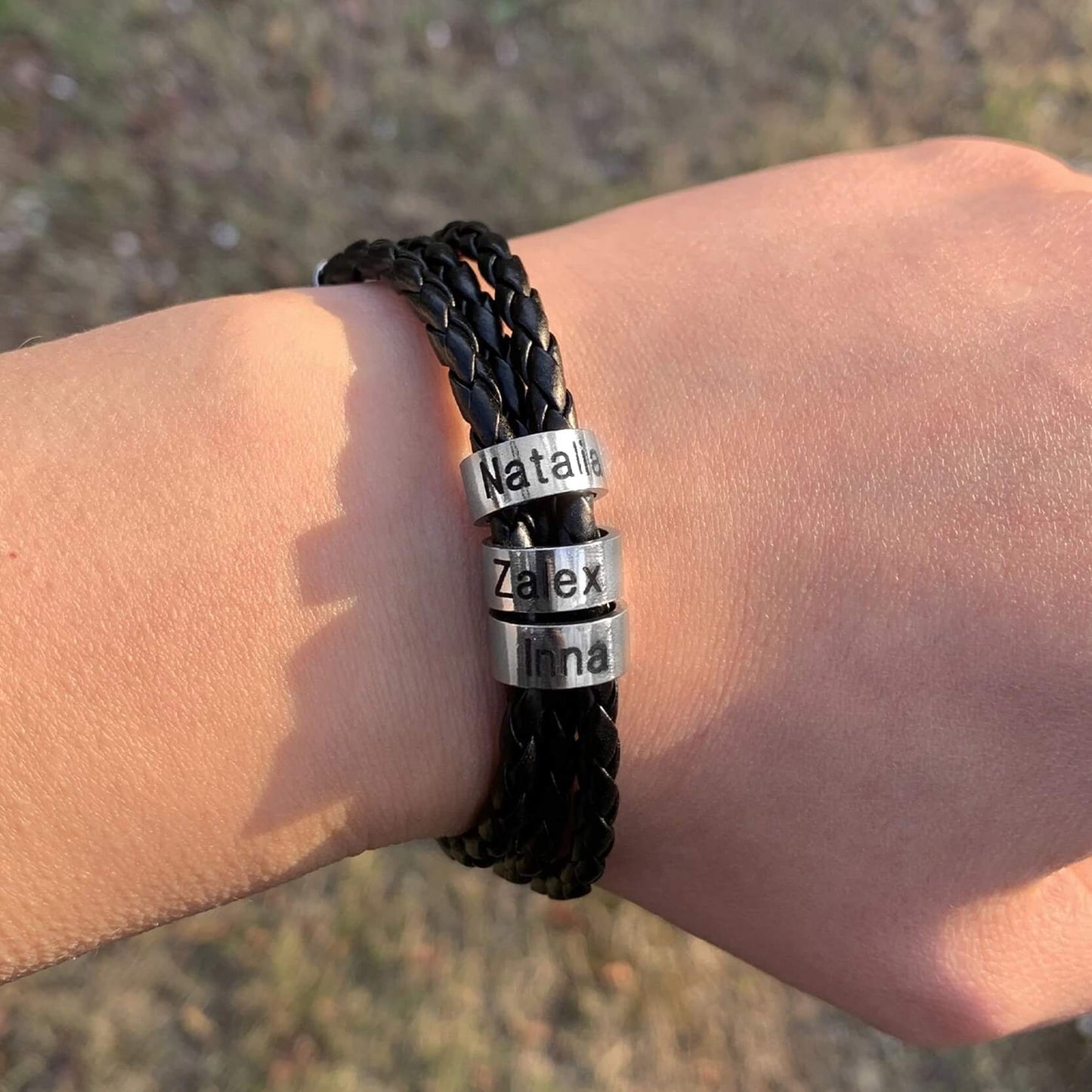 Pulseira Masculina de Couro Personalizada Com Nome dos Familiares - 3 Voltas