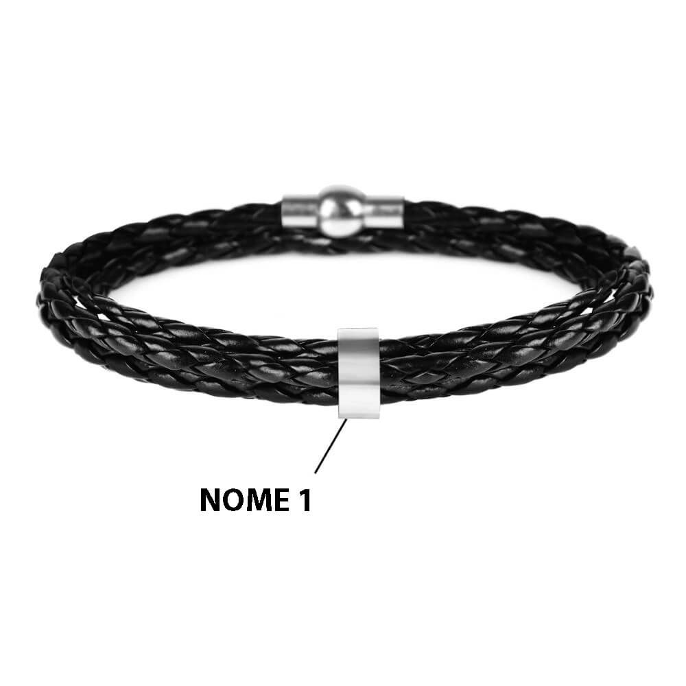 Pulseira Masculina de Couro Personalizada Com Nome dos Familiares - 3 Voltas