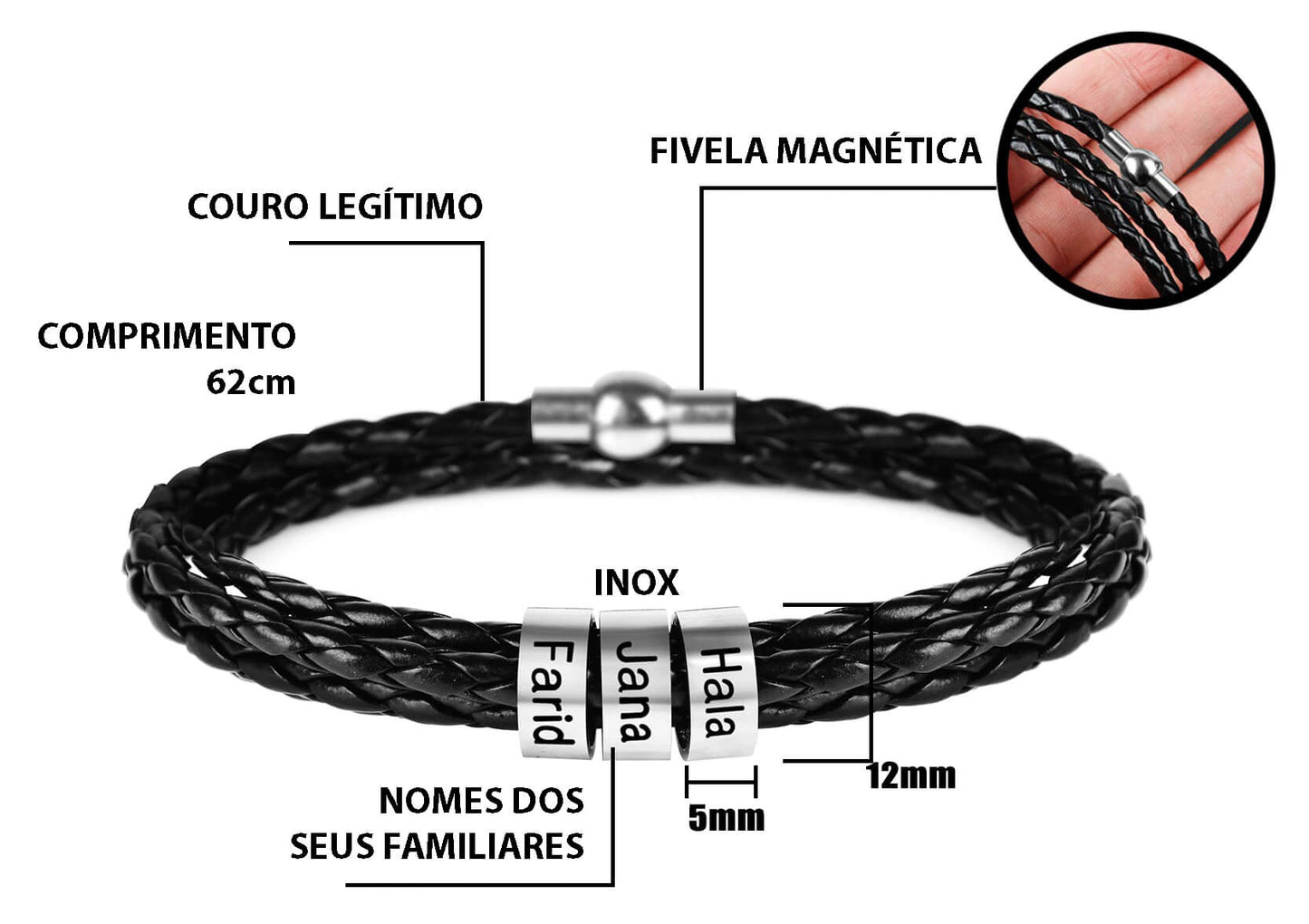 Pulseira Masculina de Couro Personalizada Com Nome dos Familiares - 3 Voltas