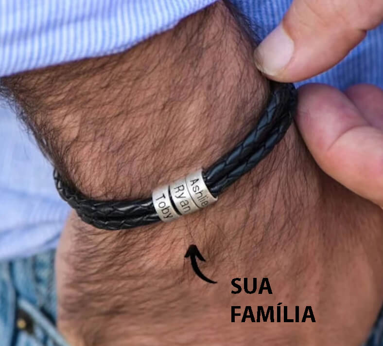 Pulseira Masculina de Couro Personalizada Com Nome dos Familiares - 3 Voltas