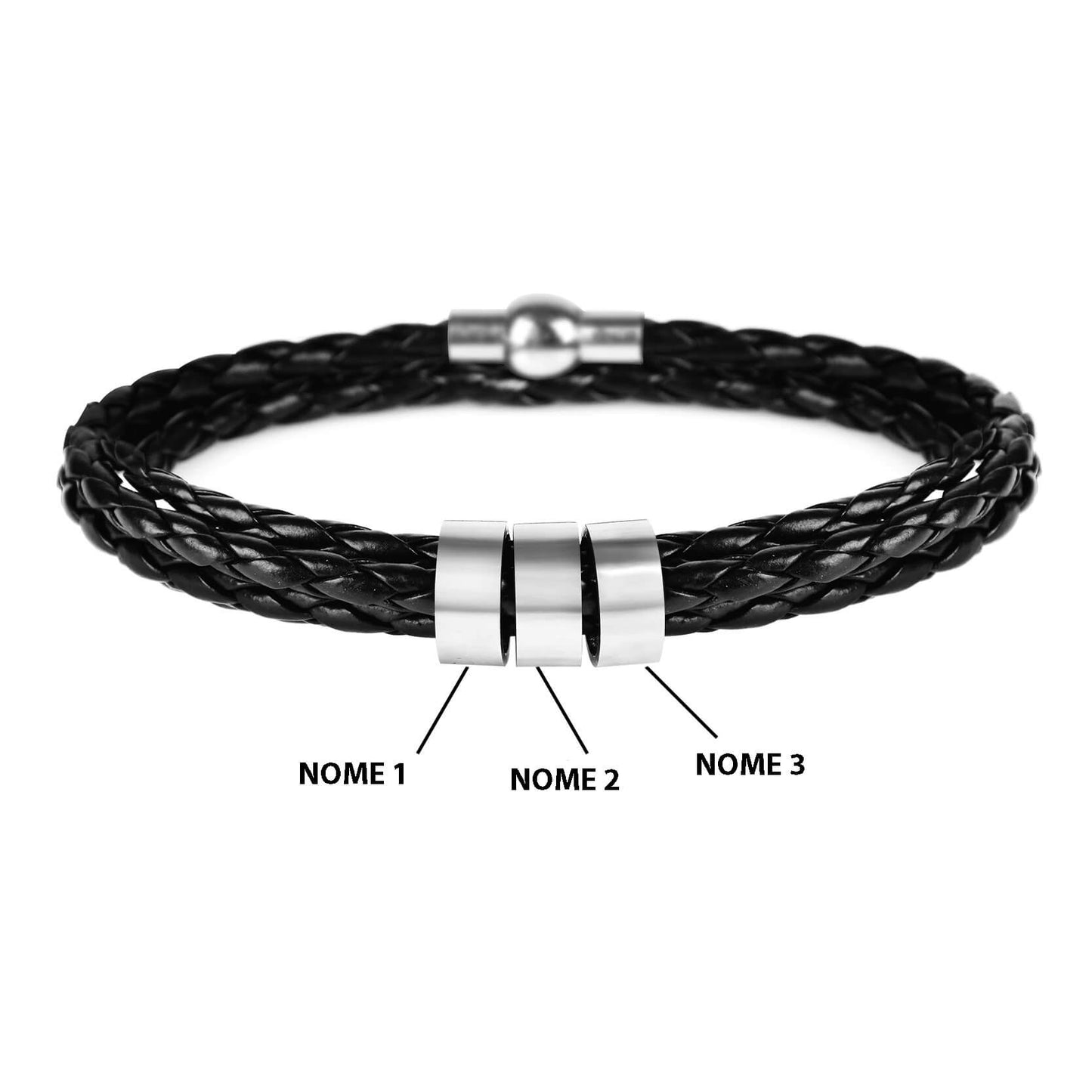 Pulseira Masculina de Couro Personalizada Com Nome dos Familiares - 3 Voltas