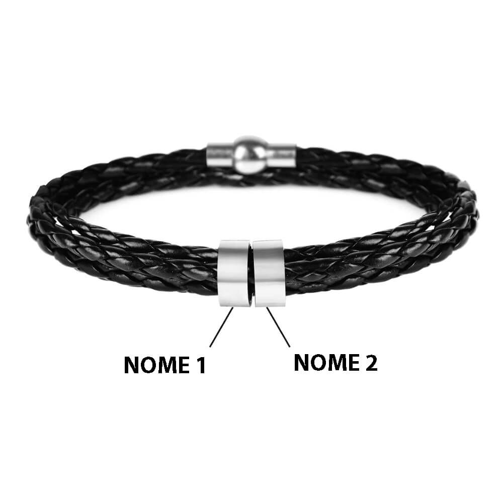 Pulseira Masculina de Couro Personalizada Com Nome dos Familiares - 3 Voltas