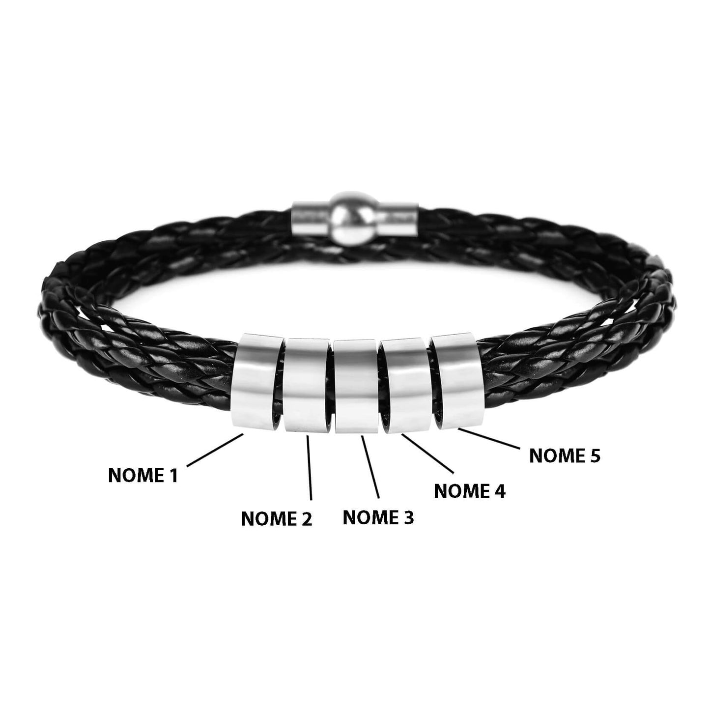 Pulseira Masculina de Couro Personalizada Com Nome dos Familiares - 3 Voltas