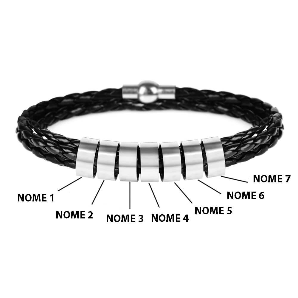 Pulseira Masculina de Couro Personalizada Com Nome dos Familiares - 3 Voltas