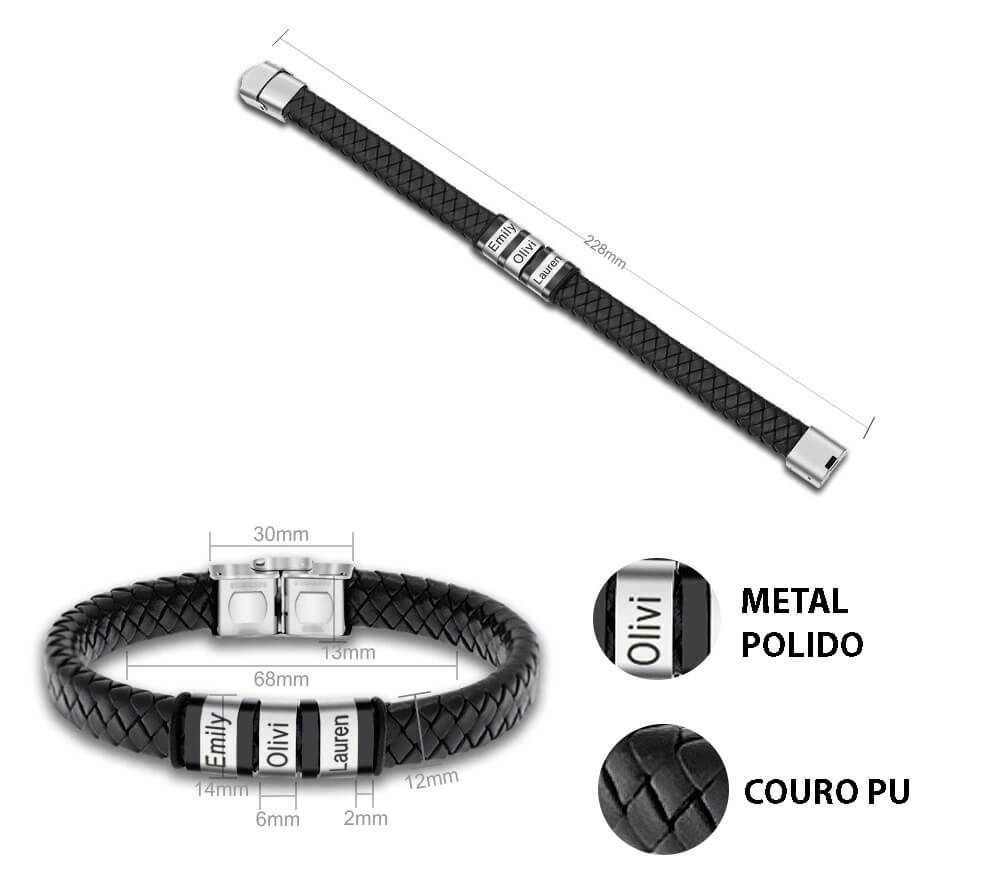 Pulseira Masculina de Couro Personalizada Com Os Nomes dos Seus Filhos