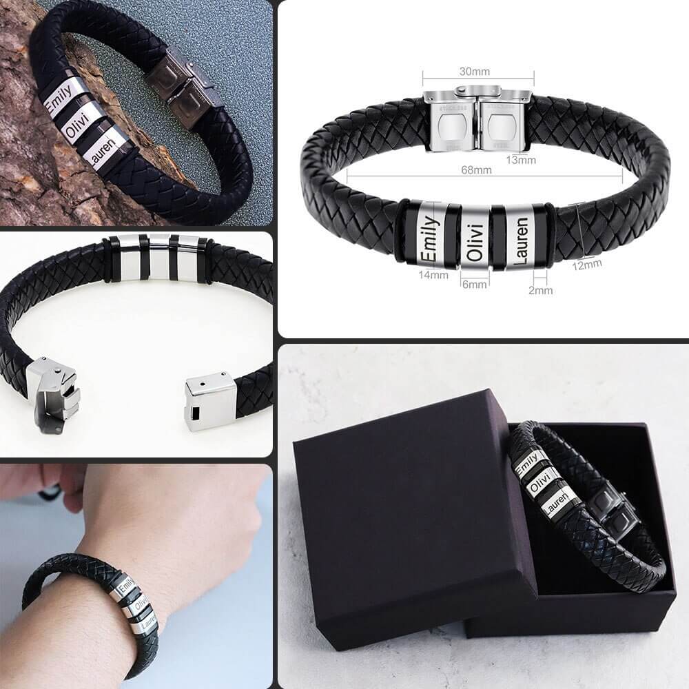 Pulseira Masculina de Couro Personalizada Com Os Nomes dos Seus Filhos