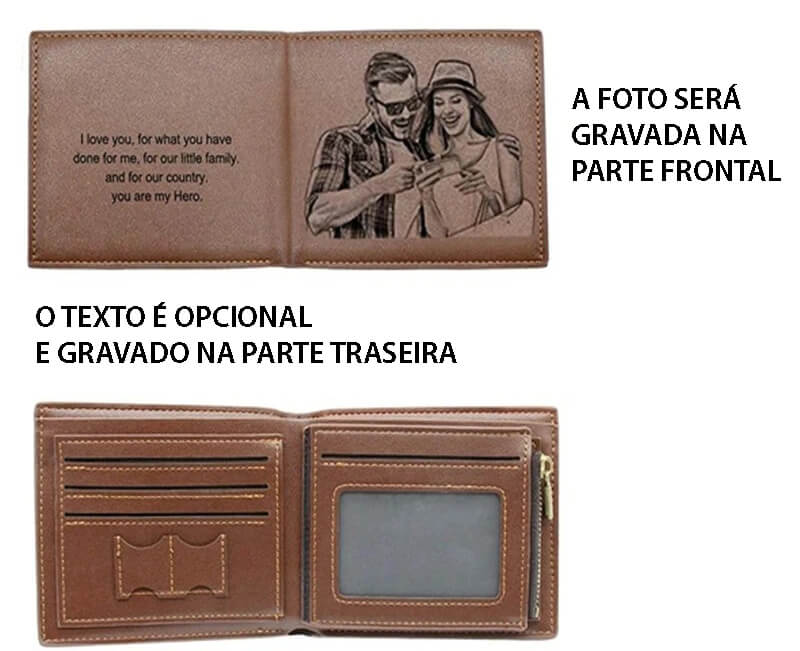 Carteira de Couro Personalizada Com Sua Foto e Texto - Horizontal