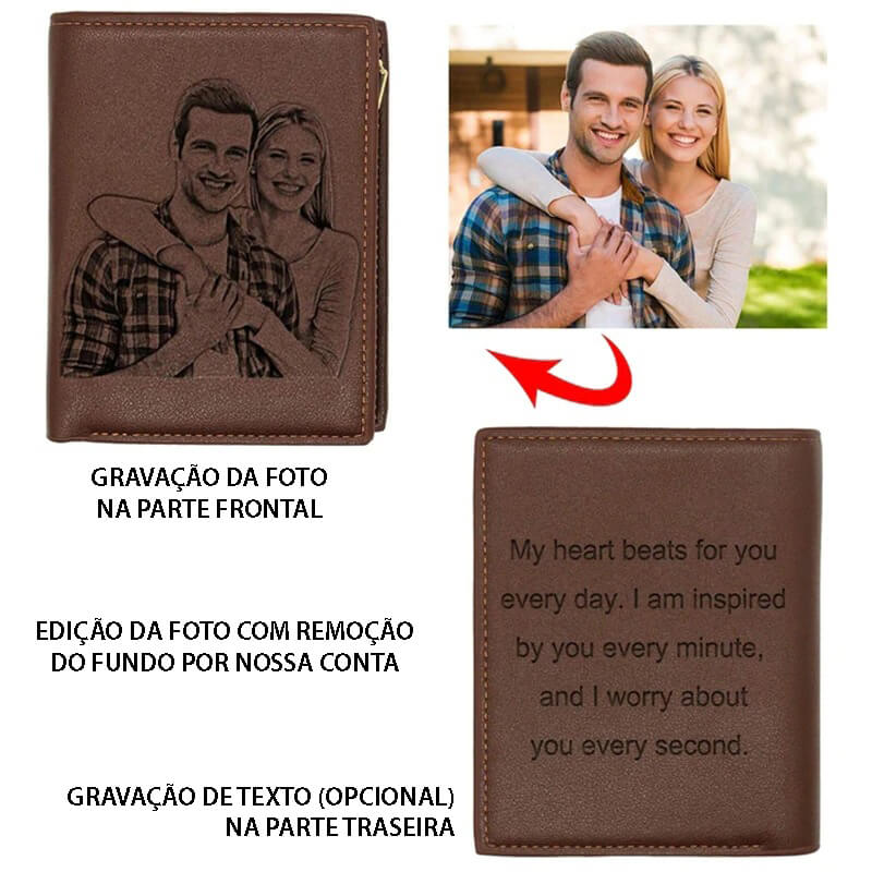 Carteira de Couro Personalizada Com Sua Foto e Texto - Vertical