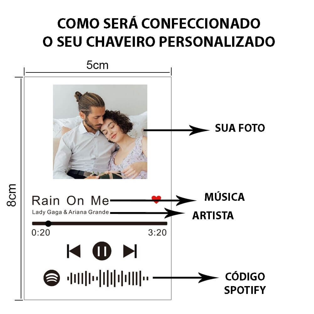 Chaveiro de Acrílico Personalizado Com Sua Foto e Código de Música do Spotify